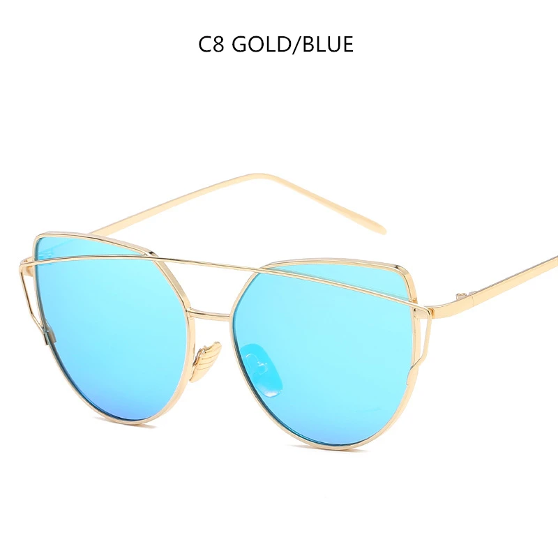 Новая мода кошачий глаз солнцезащитные очки для женщин Роскошные брендовые дизайнерские зеркальные линзы Винтажные Солнцезащитные очки розовое золото металл UV400 oculos - Цвет линз: Gold Blue