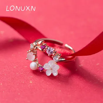 

2018 Circle Round girls Crystal Finger Rings for Women 925 Sterling Silver Flowers Ring shell pearl pink rings Wedding Jewelry