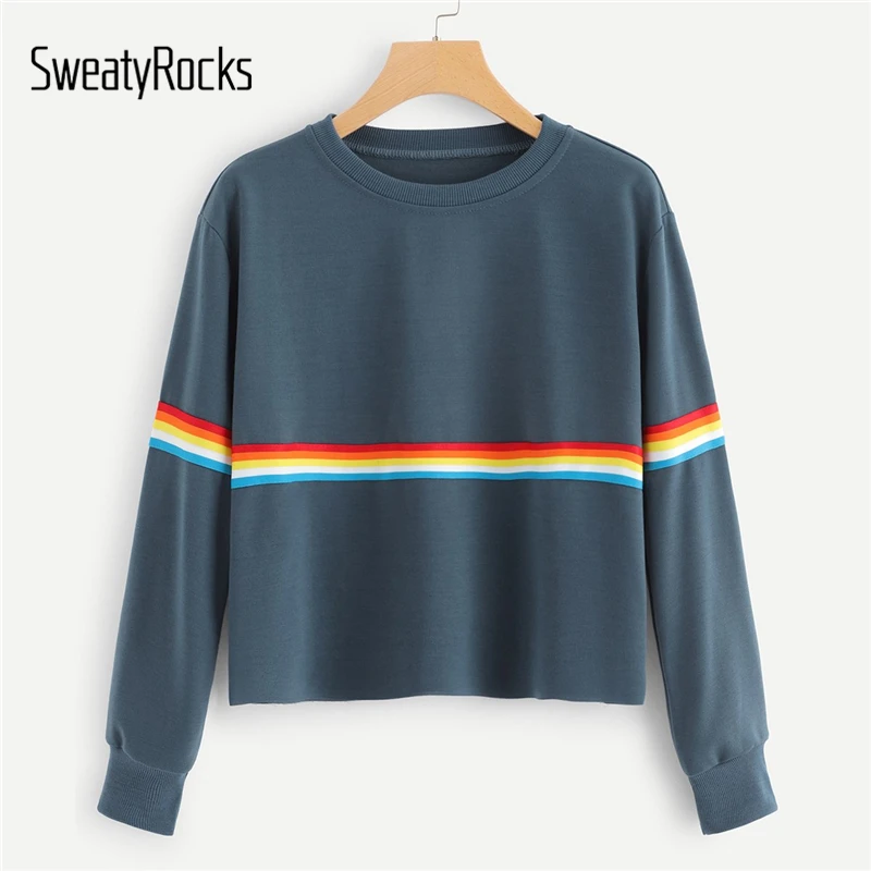 

SweatyRocks Blue Athleisure Long Sleeve Rainbow Striped Tape Round Neck Sweatshirt 2018 Autumn Women Sporting Casual Sweatshirts