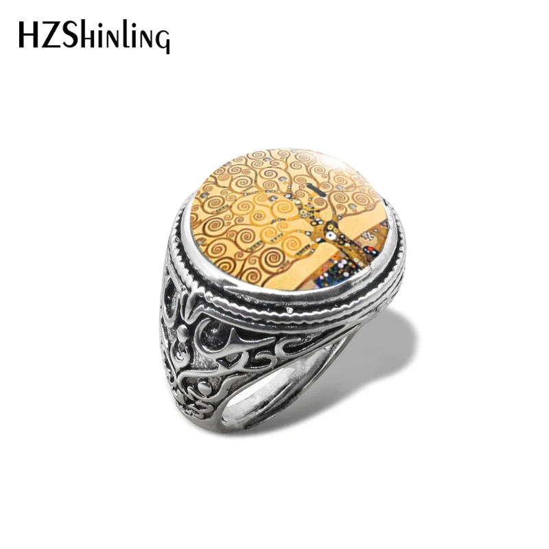 

2019 New Gustav Klimt Tree Of Life Vintage Ring Silver Hand Craft Photo Rings Glass Cabochon Jewelry