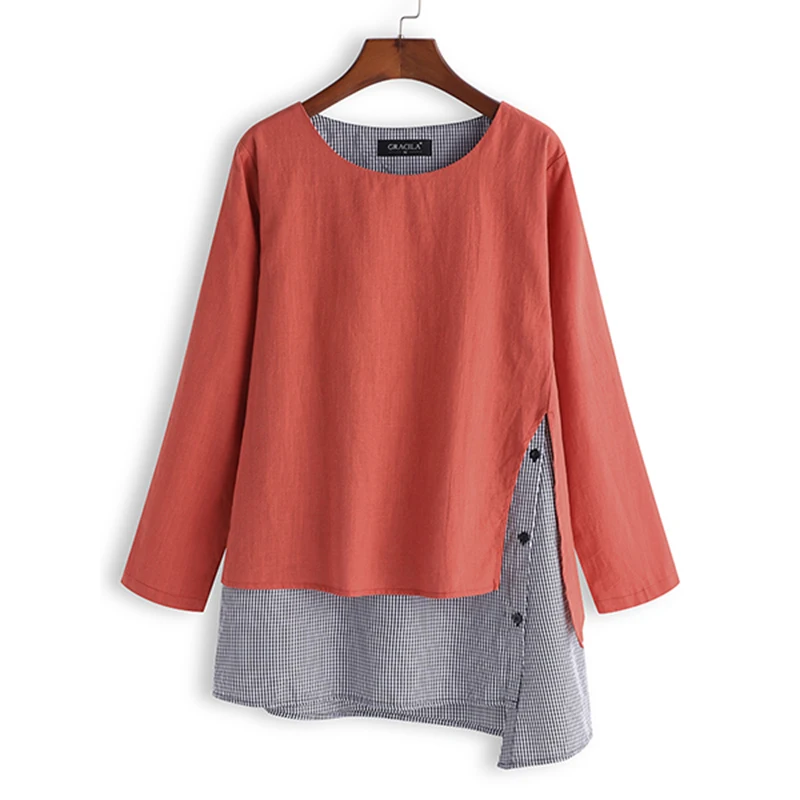 Женская блуза из 2 частей, осень, рубашка с длинным рукавом в стиле пэчворк, Женская необычная блуза, повседневный Топ, блуза, сорочка размера плюс - Цвет: Оранжевый