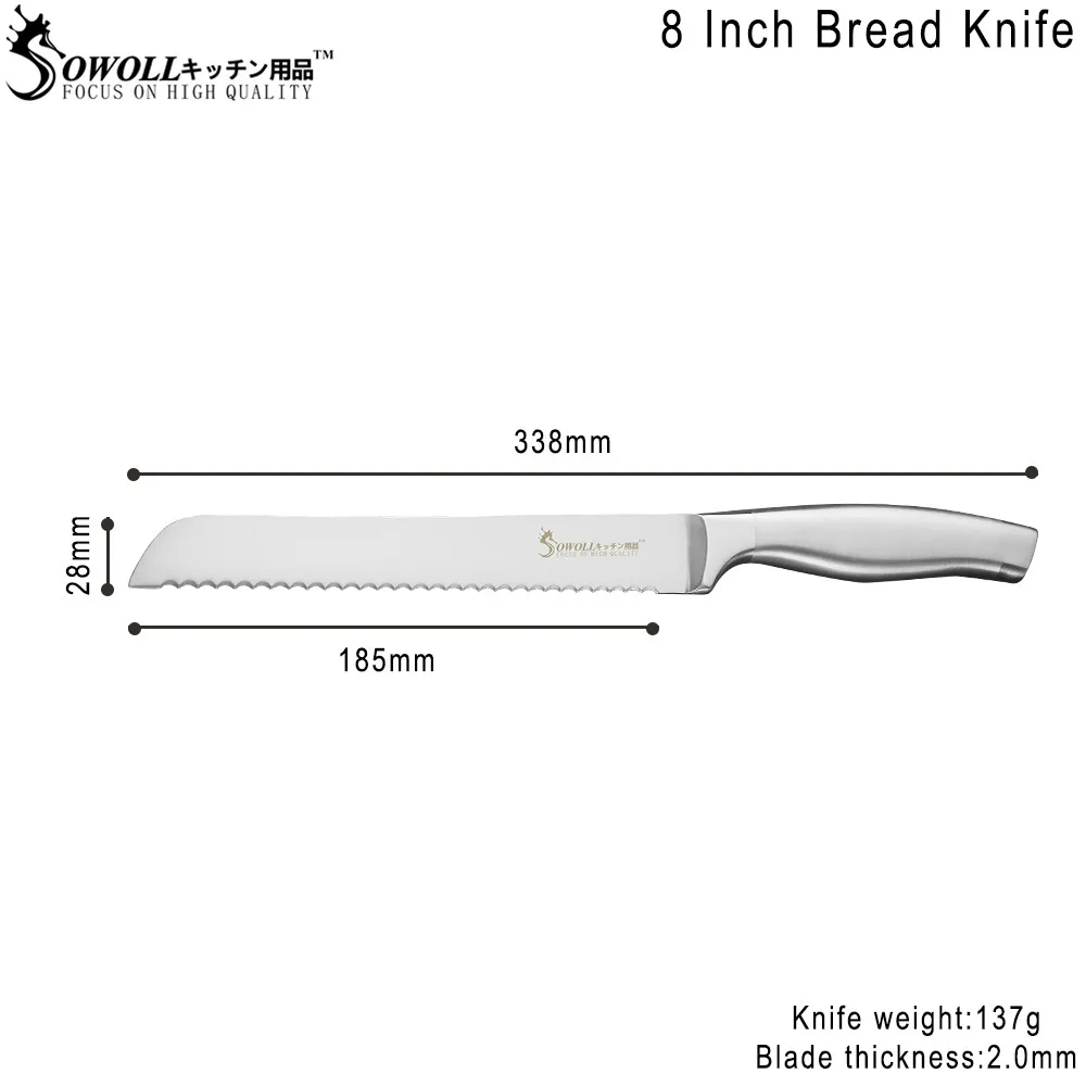 Кухонный нож SOWOLL 7Cr17mov из нержавеющей стали, 8 дюймов, нож для хлеба 58HRC с зубчатым дизайном, инструмент для резки хлеба, сыра, торта