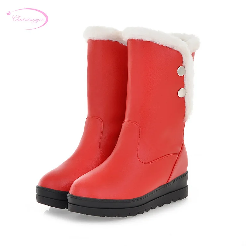 

Chainingyee sweet style round head winter warm mid-calf boots rivets black red brown beige high heel wedge women's snow boots