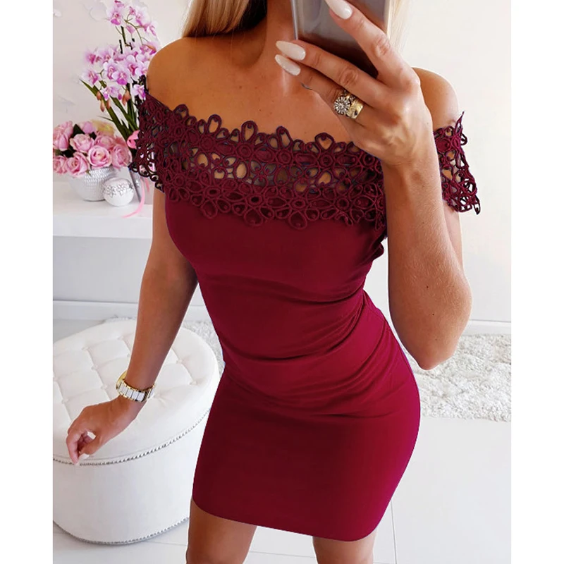 

Summer Dress 2019 Off Shoulder Lace Stitching Bodycon Dress Women Solid Sexy Skinny Party Dresses Vestidos SJ2113M