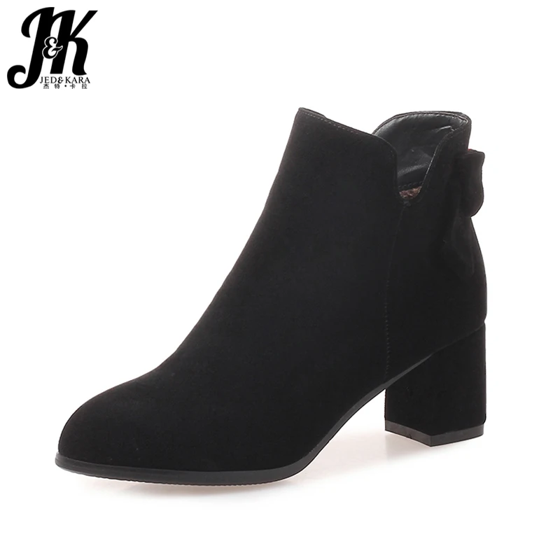 

JK High Heels Ankle Women Boots Round Toe Short Plush Butterfly Knot Footwear Female Bootie Winter Casual Shoes Women 2018