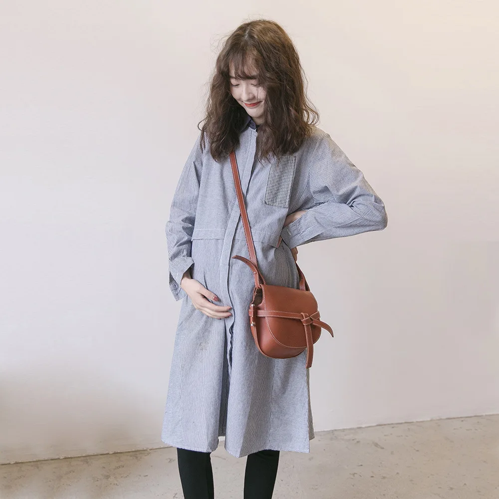 

Plus Size Maternity Clothings Shirt Stripe Large Size Women Loose Long Sleeve Long Striped Blouse Dress Pregnant Dress