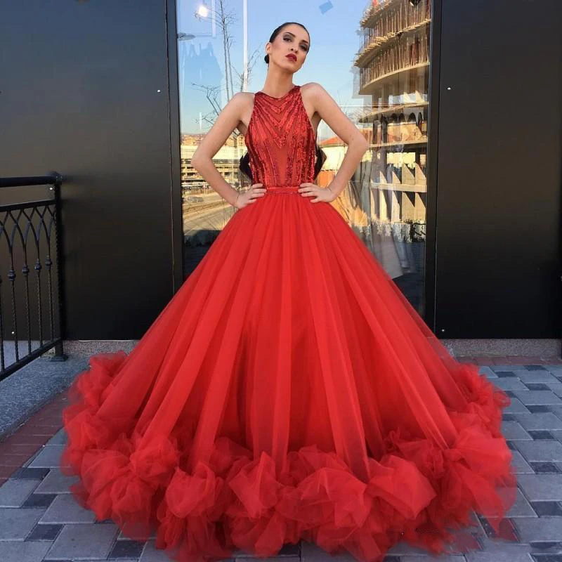 red long sleeveless dress