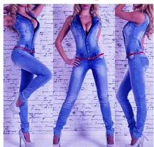 women catsuit Jumpsuits jeans Pants long pants Ladies sexy jeans long sexy sleeveless deep V collar blue slim style.JN52