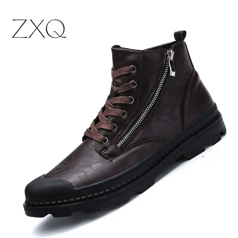 

Leather Men Ankle Boots Fashion Snow Boots For Men Zipper Men's Boots Man Black Brown Lace Up Shoes For Winter Autumn