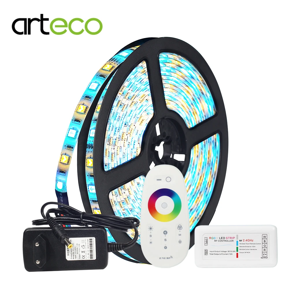 #cheap 5M led 5050 led strip RGBWW IP20 IP65 Waterproof led ribbon + RF LED controller+220V to 12V 3A power supply EU US plug 1set