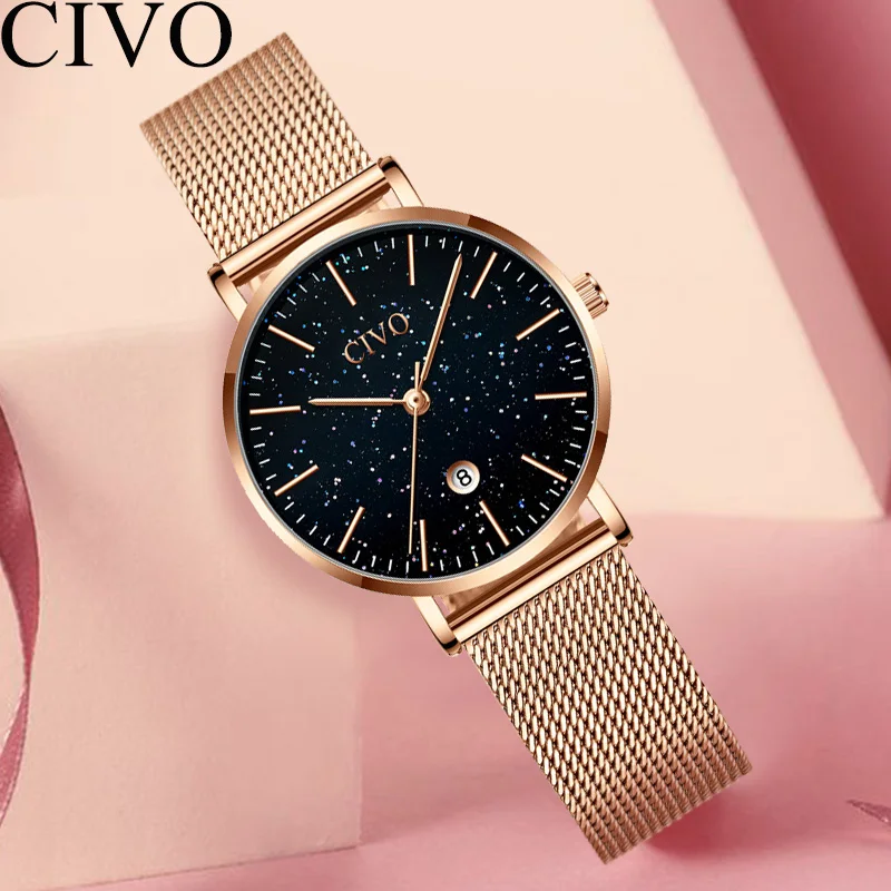 

CIVO Blue Starry Sky Luxury Quartz Girls Watches Steel Mesh Wristwatch Top Brand Ladies Watch Calendar Simple Waterproof Clock