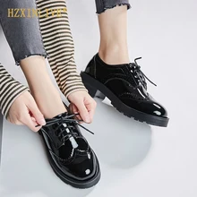 Женские туфли-оксфорды на толстом меху; зимняя обувь из лакированной кожи; броги на шнуровке; женские полуботинки из плюша; HZXINLIVE