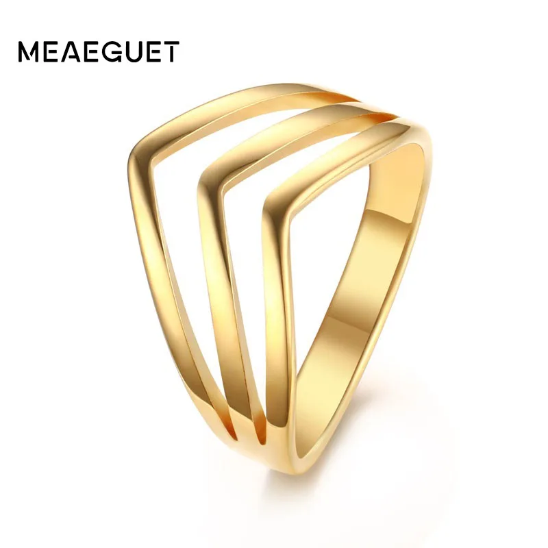 Meaeguet Chevron Design Shape 3V Ring For Women Titanium Steel Wedding Bands Bague Trendy Letter Jewelry