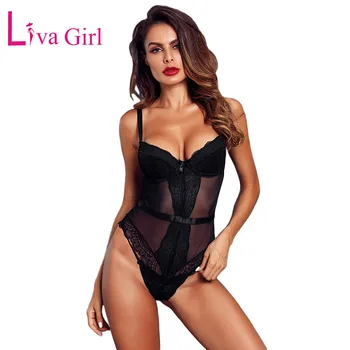 

LIVA GIRL Black Sheer Floral Lace Bodysuit with Cups Women Sexy Sleeveless Hollow Out Bodycon Jumpsuit Female New Club Body Tops