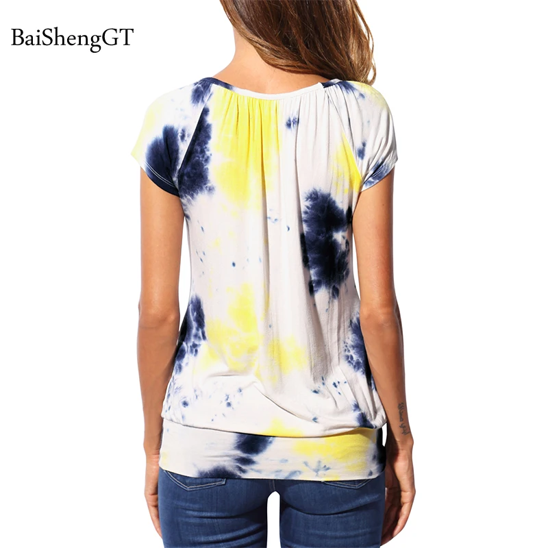 Summer Tie dye T-shirt Women Causal Tees for ladie V-Neck Short Sleeve Loose shirt Plus Size Female Sexy Elastic Tops BaiShengGT Tops