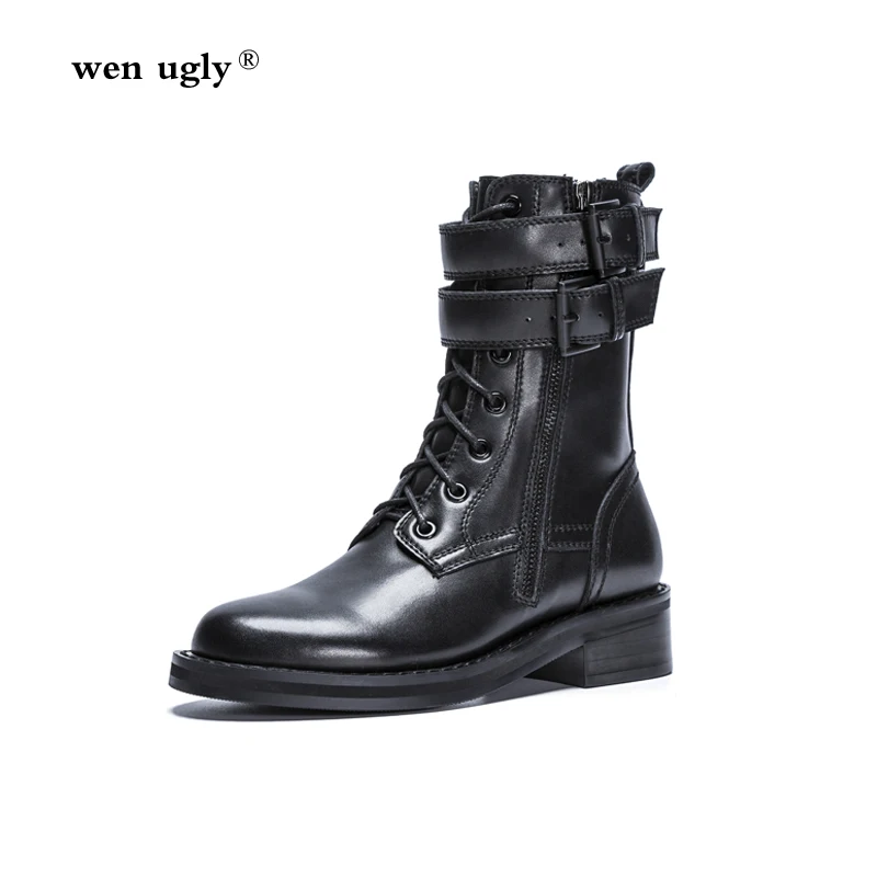 

wen ugly 2018 autumn and winter motorcycle boots fashion short boots buckle leather women's boots square heel ankle boots