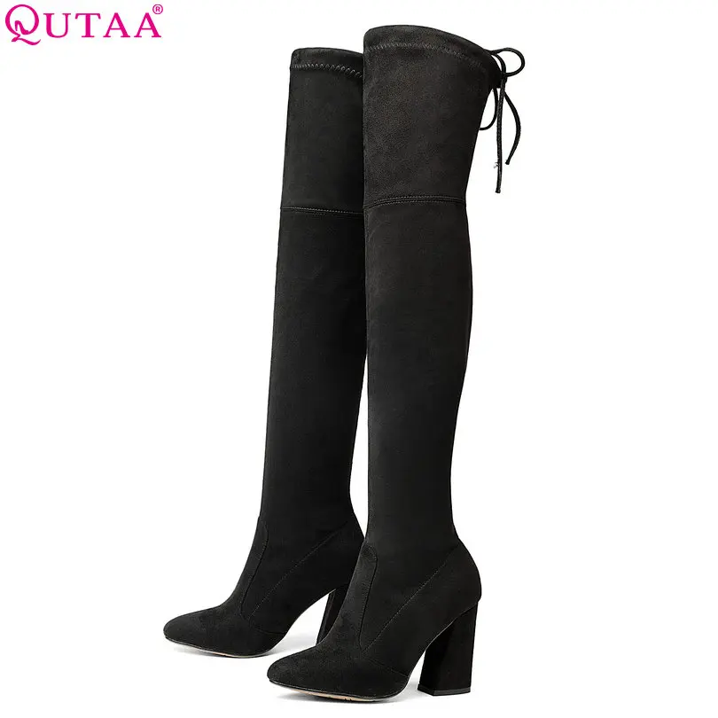 QUTAA 2017 NEW Sucrb Leather Women Over The Knee Boots Lace Up Sexy Hoof Heels Women