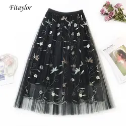 Fitaylor весенний кружевная юбка Для женщин вышивка с высокой талией Тюлевая юбка черный, розовый Последняя мода женский цветочный