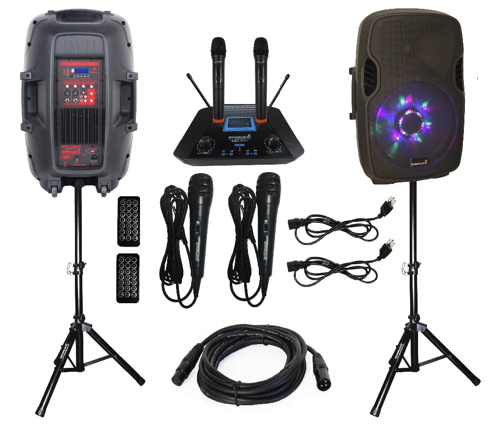 15inch 2500W FM LED RGB Light Stage Speaker with 2ch uhf microphone