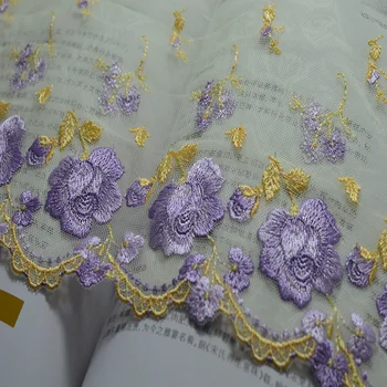 

18CM Width (3yards/lot)yellow gauzer and purple flower embroidery lace Hight quality lace fabrics embroidered lace trim