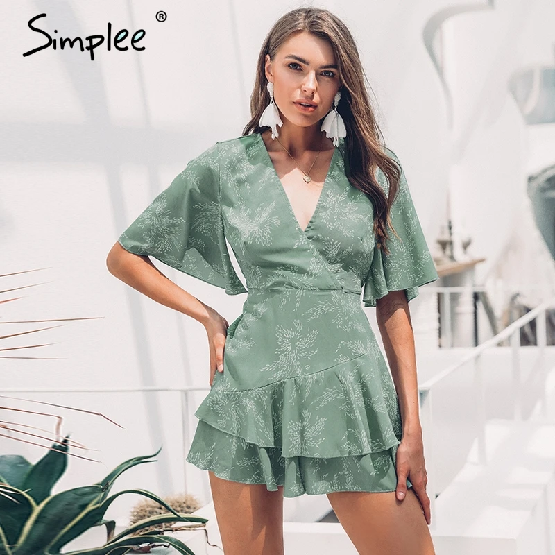 

Simplee Sexy v-neck women cotton playsuit Bohemian print short sleeve female short jumpsuit romper Summer beach ruffled overalls