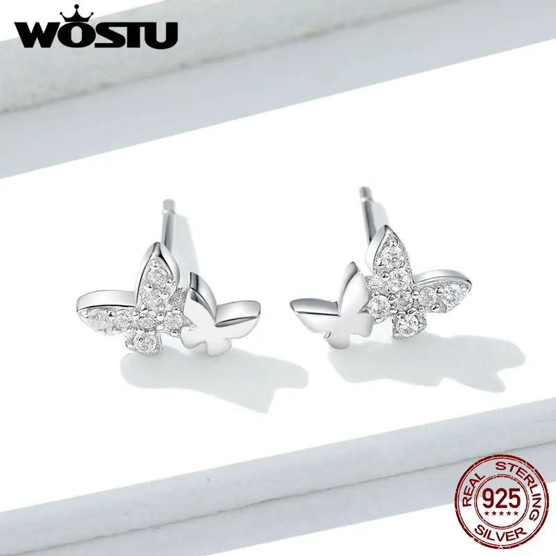 WOSTU подлинные 925 пробы серебряные серьги-гвоздики с бабочкой дизайн распродажа CZ серьги для женщин ювелирные изделия подарок CTE236