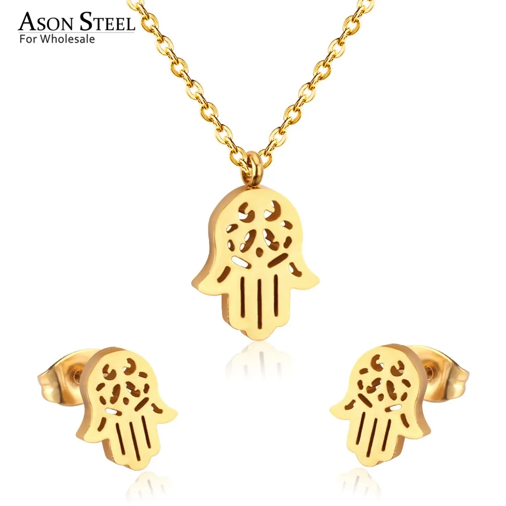 

ASONSTEEL Stainless Steel Gold/Silver Color Jewelry Sets Hand Shape Pendant Necklace Earrings Jewelry Sets for Party Girls