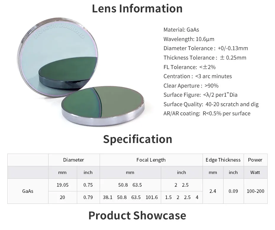 Материал GaAs Фокус объектив 18 мм 19,05 мм 20 мм диаметр 50,8 мм 63,5 мм 101,6 мм фокусное расстояние GAAS лазерный объектив для Co2 лазерной машины