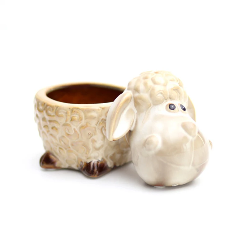 Cartoon Lamb Ceramic Flower Pots Planters Desktop Bonsai Pot Multi-Functional Storage Cylinder Creative Crafts Garden Supplies