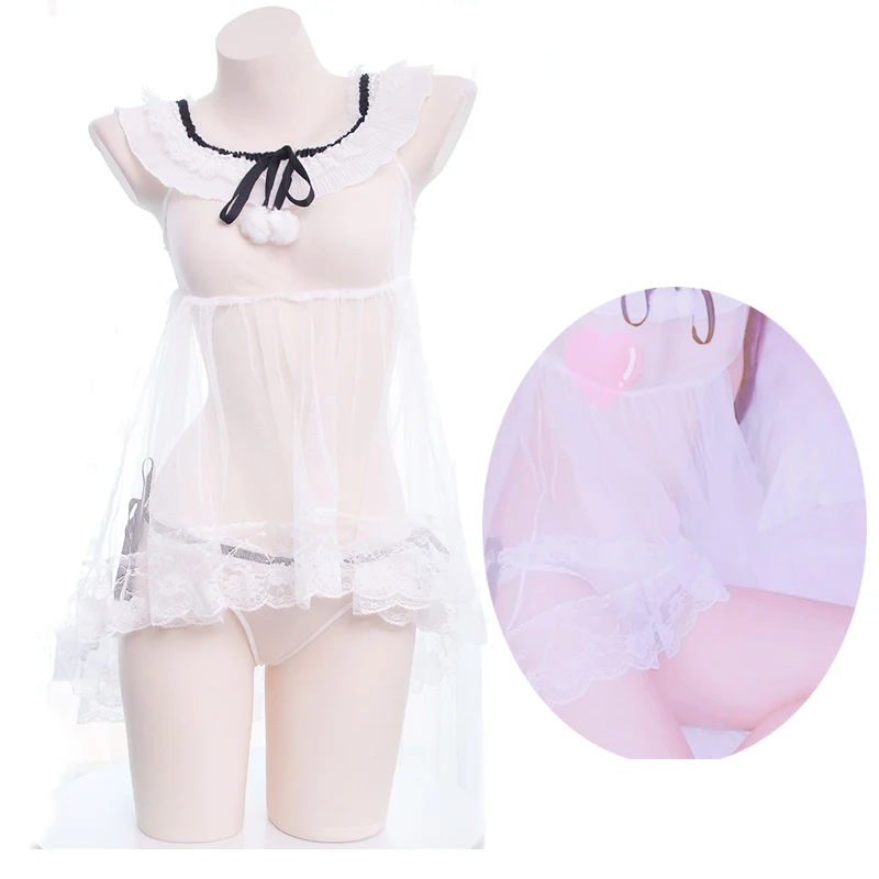 

Sexy Kawaii Transparent WHITE Babydoll LACE Lingerie Set Lolita Girl Sleepwear Woman Exotic Cosplay Sailor Mind Apron Dress Gift