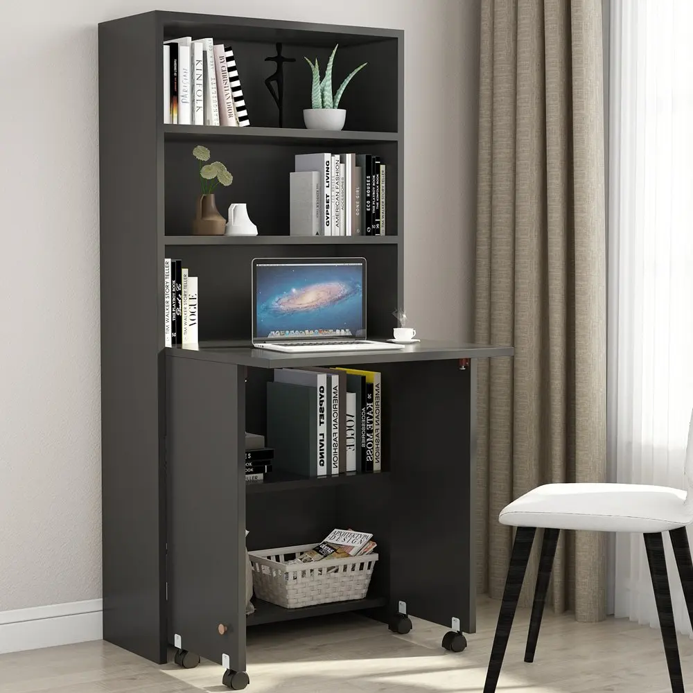 Folding Computer Desk With Shelves And Fold Out Storage Cabinet