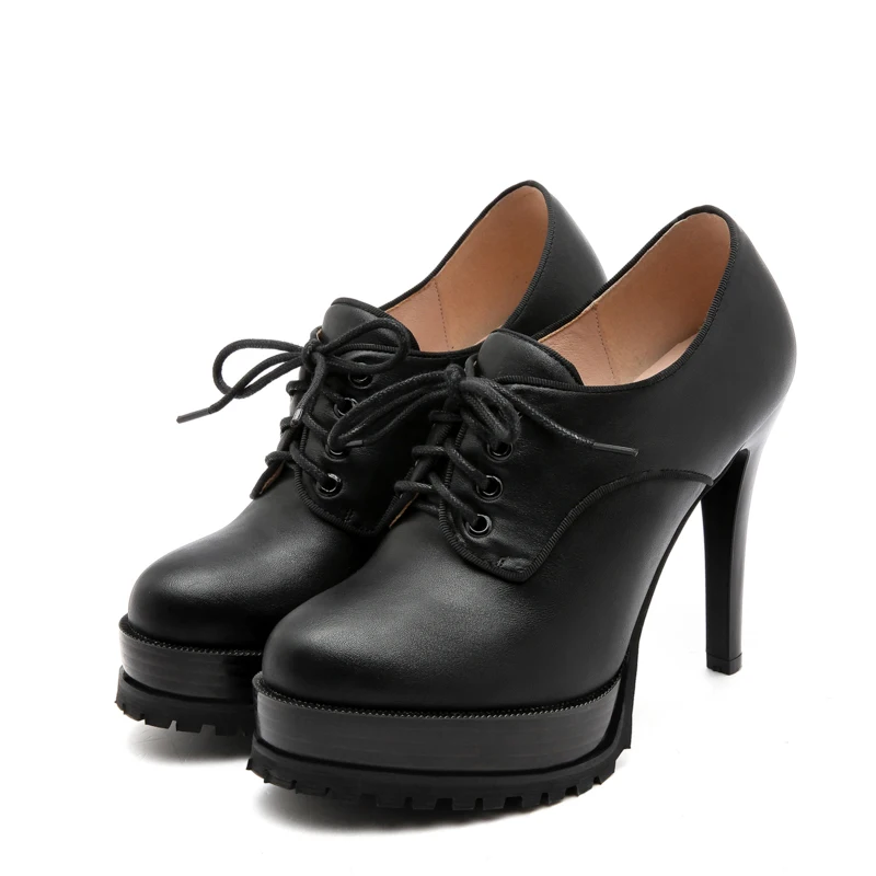 BONJOMARISA/ г. Весна-осень, новые модные черные туфли-лодочки на платформе со шнуровкой Женская обувь из органической кожи, большой размер 33-43, женская обувь на высоком квадратном каблуке