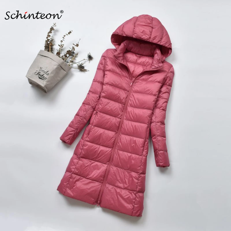 

2019 Schinteon New Women Ultra Down Jacket Light White Duck Down Long Coat Slim with Removable Hood Outwear 6 Colors