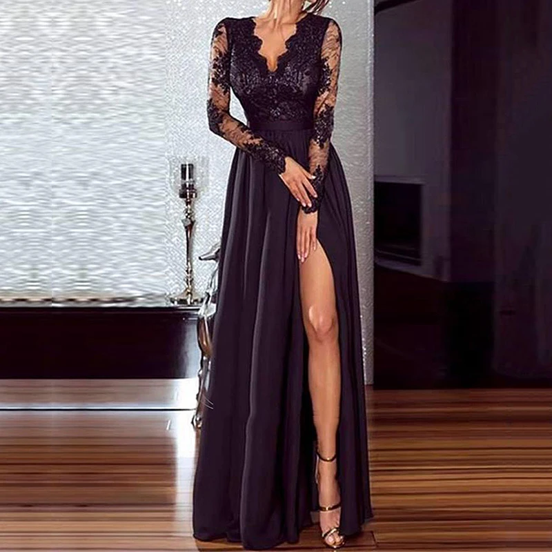 Women Dress Women Elegant Wedding Party Dress Sexy V Neck Lace Long