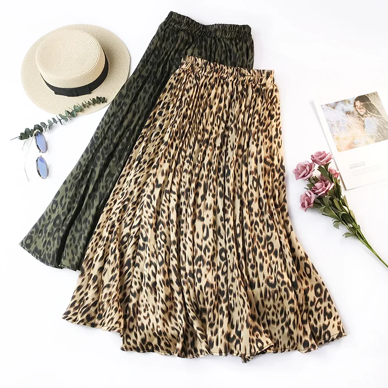 

Women Retro leopard pleated skirt female Slim floral skirts ladies loose temperament Midi A-line skirt Summer autumn