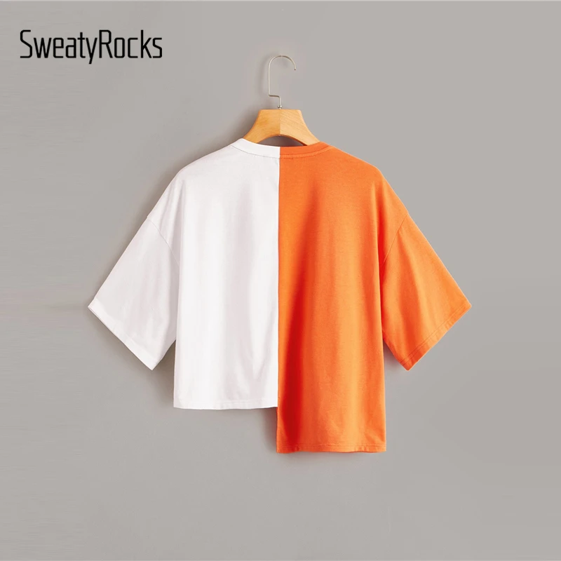SweatyRocks, смешанный принт, два тона, асимметричная неоновая футболка, уличная одежда, короткий рукав, тройники,, летняя повседневная женская цветная футболка