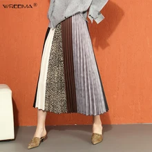 Wreeima, корейский стиль, женская трапециевидная разноцветная длинная Плиссированная юбка с эластичной талией, леопардовая Лоскутная Женская повседневная одежда, юбка