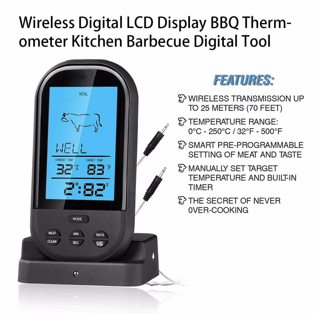 Черный беспроводной цифровой ЖК-дисплей термометр для барбекю кухонный барбекю цифровой Зонд термометр для мяса барбекю температурный инструмент