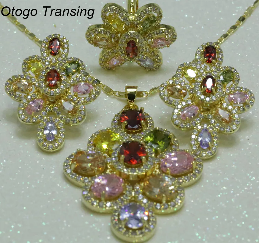 Otogo Tranning вечерние ювелирные изделия белого/золотого цвета, набор для женщин, модное разноцветное Кристальное кольцо, серьги, ожерелье, Mark-S189