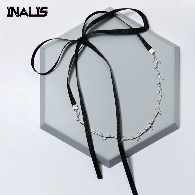 INALIS роскошный длинные черные ленты цепи колье 925 пробы серебряный камень CZ Olive Branch Подвеска для Для женщин Девушка ювелирные изделия