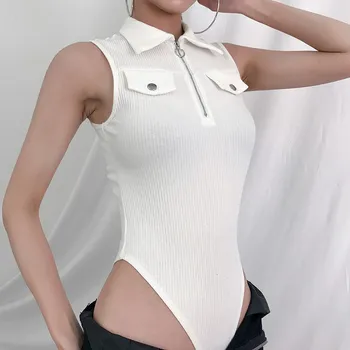 

2019 Summer Women Turn-Down Collar White Casual Bodysuits Zipper Cotton Bodycon Jumpsuit Sleeveless Party Playsuits