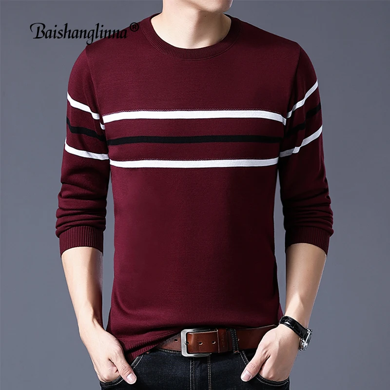 Baishanglinna 2018 New Winter Fashion Brand Casual Sweater O-Neck Striped Slim Fit Knitting Men Sweaters Warm Pullovers 18111