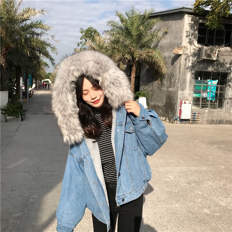 souris Denim Fausse Laine Vestes Chaud D'hiver Collar Collar Surdimensionné white Gray Fourrure Junelove Veste Chauve Manteau Grande Hoodies Jaqueta Femmes Fur Collar Jeans pink Manches Doublure vqEwA7z