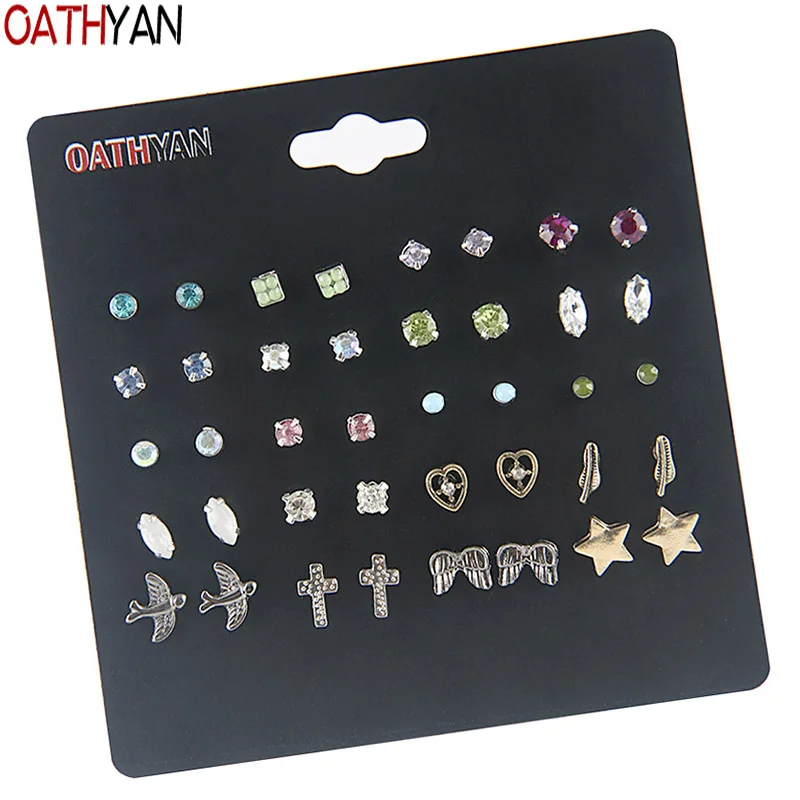 

OATHYAN 20 Pairs/Set Cute Birds Star Heart Cross Small Stud Earrings Set For Women Crystal Rhinestone Earring Jewelry Girl Gift
