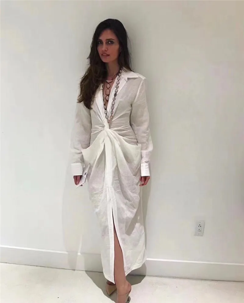

2018 summer fashion deep v sexy white MIDI dresses long sleeve sexy female party dress high quality