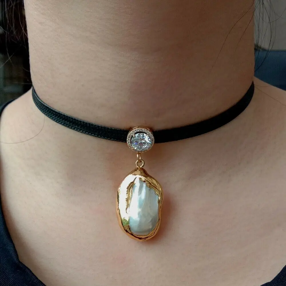 

12" black leather choker necklace 20x31mm cultured white keshi pearl pendant