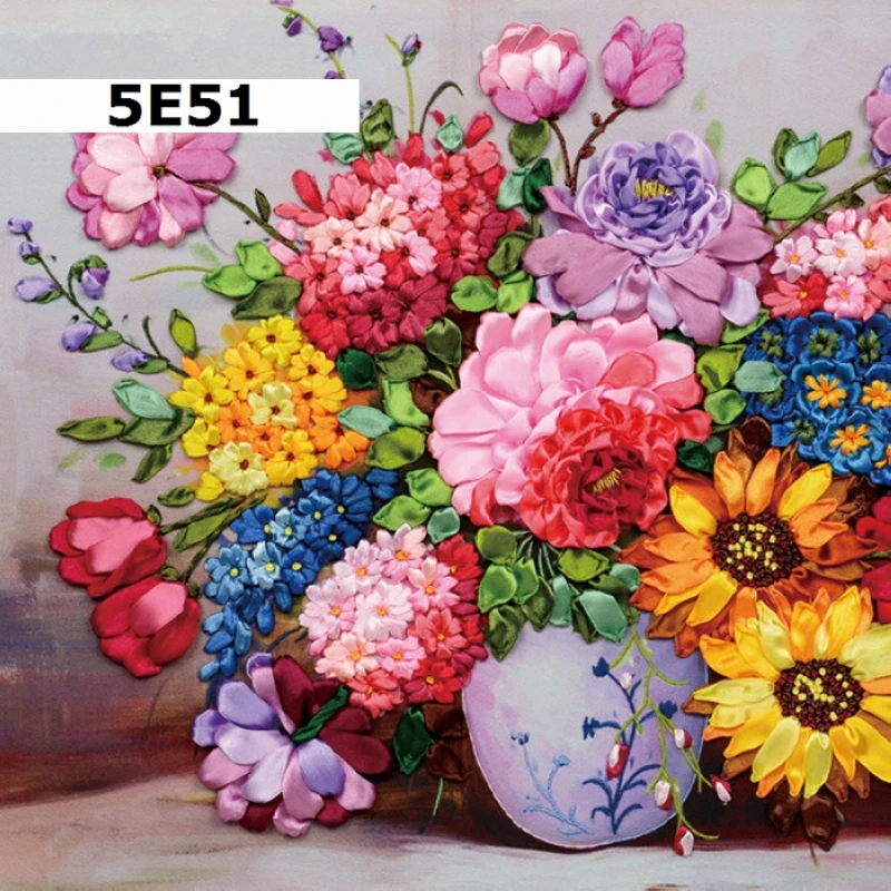 

DIY 3D Ribbon Embroidery cross stitch kits sets handmade needlework / Colorful flowers patterns paintings Wall Decor art picture