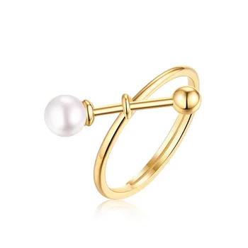 

Simple Fashion 925 Sterling Silver Finger Ring Natural Freshwater Pearl Open Ring Yellow Gold Coating