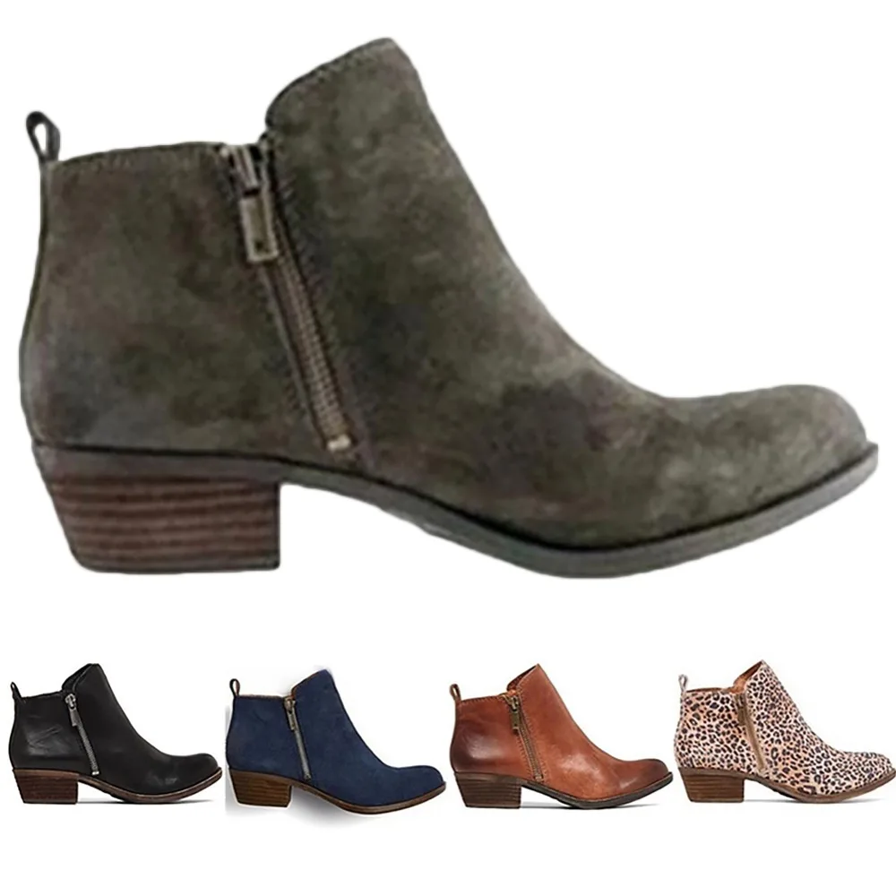 

Women's zipper basic round head rubber pure color and leopard print, retro ankle boots low heel boots round toe zipper casual