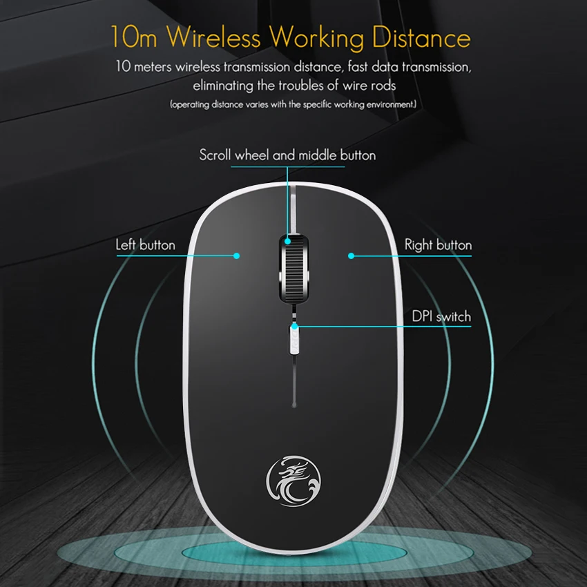 Colour Backlight 2.4Ghz Wireless Gaming Mouse Silent,Operating Distance 10 Meter with 6-Key USB Rechargeable,1200Dpi Adjust Optical Game Mouse,Black